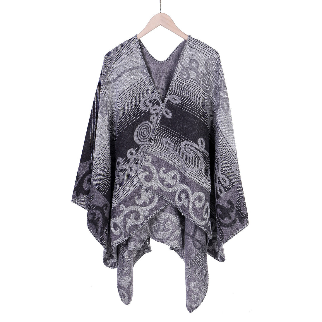 Damen Jacquard‑Ruana‑Poncho aus Wollmix mit asymmetrischem Zipfelsaum – Montévia