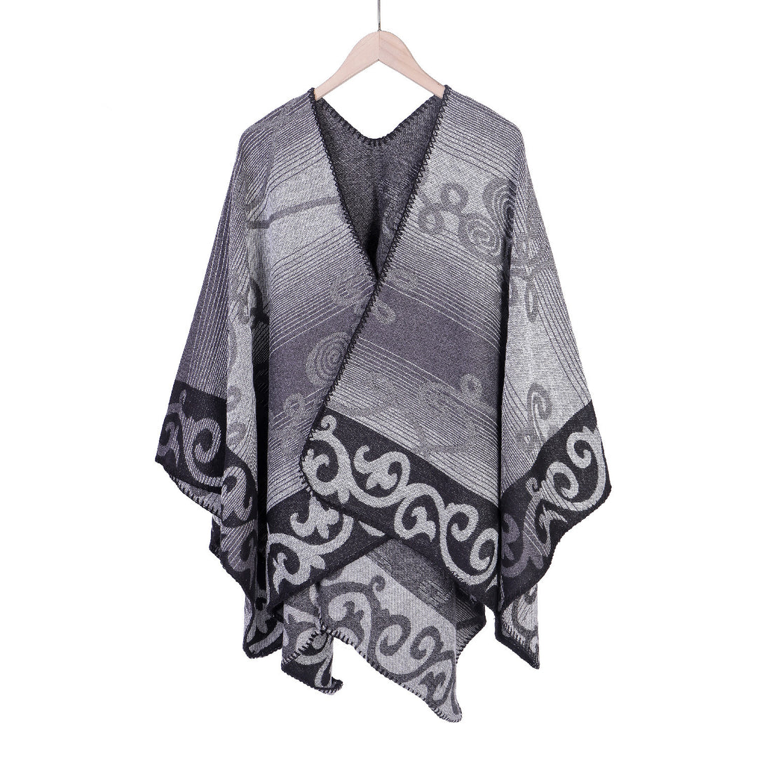 Damen Jacquard‑Ruana‑Poncho aus Wollmix mit asymmetrischem Zipfelsaum – Montévia