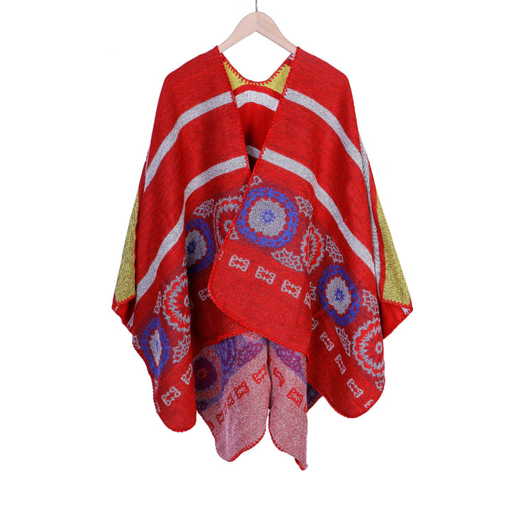 Damen Oversize-Ruana-Poncho mit V-Ausschnitt und ornamentaler Jacquard-Webung – Célinea