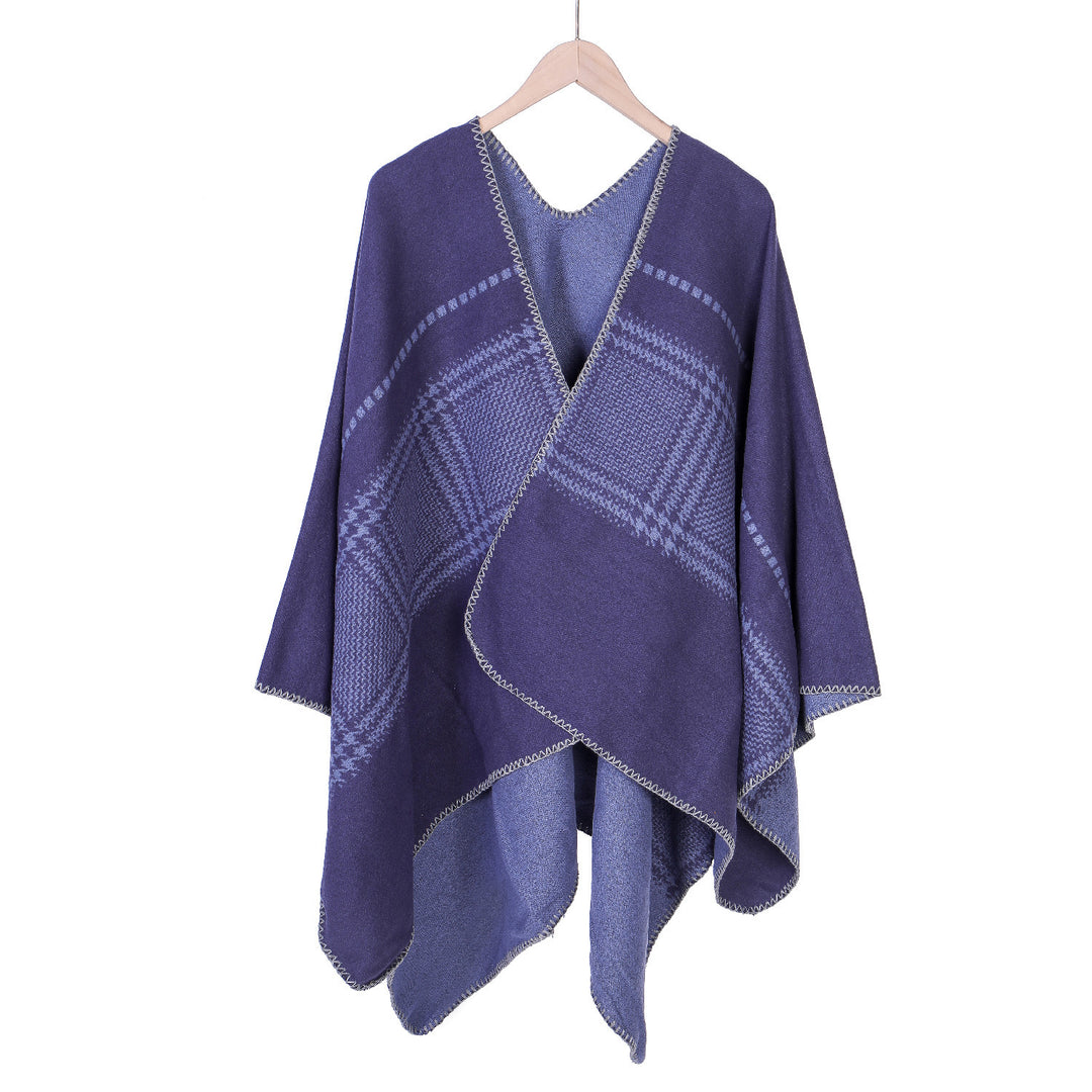 Damen Jacquard-Wollmix-Ruana mit offenem Kimono-Fall und dekorativer Kettelnaht – Montévia