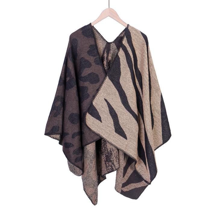 Damen Oversize‑Poncho im Revers‑Stil mit Animal‑Jacquard aus Wollmix Echo Archiv