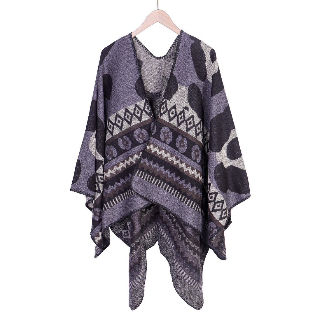 Damen Jacquard-Ruana‑Poncho mit Ethno‑Jacquard und offenem Oversize‑Fall Echo Archiv