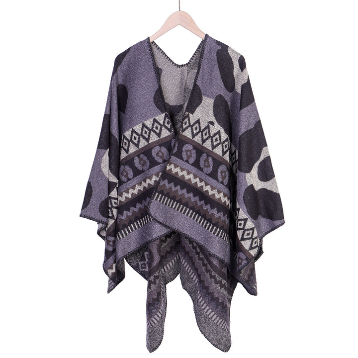 Damen Jacquard-Ruana‑Poncho mit Ethno‑Jacquard und offenem Oversize‑Fall Echo Archiv