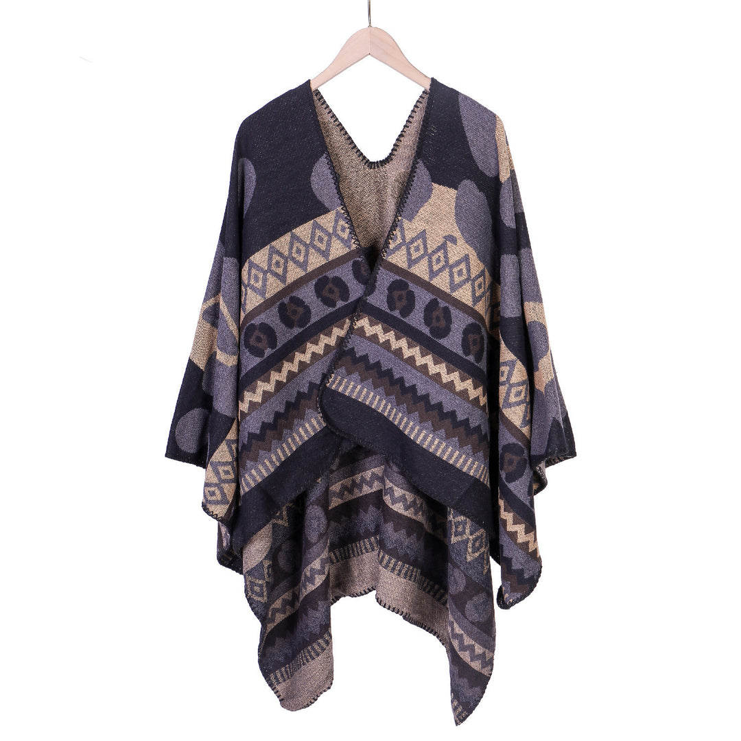 Damen Jacquard-Ruana‑Poncho mit Ethno‑Jacquard und offenem Oversize‑Fall Echo Archiv