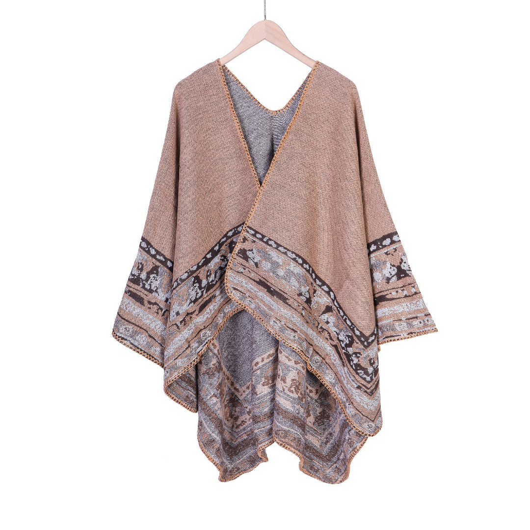 Damen Weichfallende Oversize-Ruana im Umhangstil mit ornamentaler Bordüre Echo Archiv