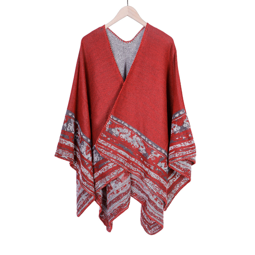 Damen Weichfallende Oversize-Ruana im Umhangstil mit ornamentaler Bordüre Echo Archiv