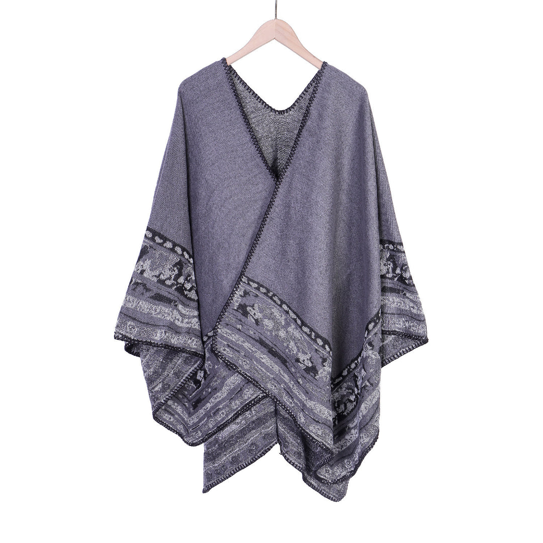 Damen Weichfallende Oversize-Ruana im Umhangstil mit ornamentaler Bordüre Echo Archiv