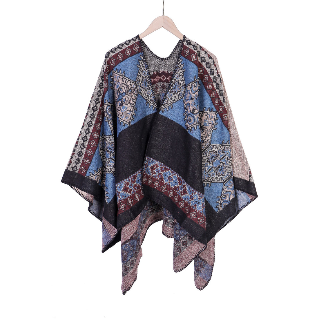 Damen Oversize-Ruana-Poncho aus Jacquardgewebe mit asymmetrischem Zipfelrand und ornamentaler Bordüre – Célinea