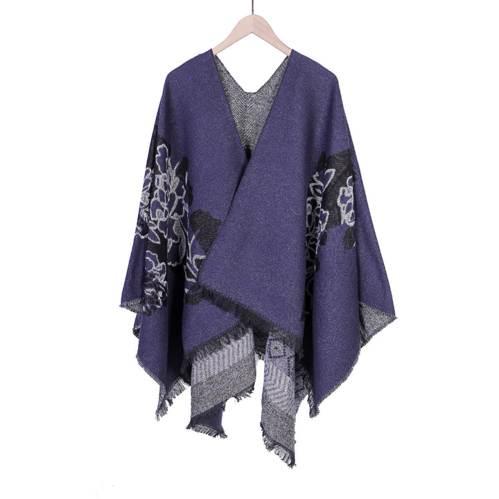 Damen Jacquard‑Ruana mit floralem Motiv, doppellagig und Fransensaum – Avérine