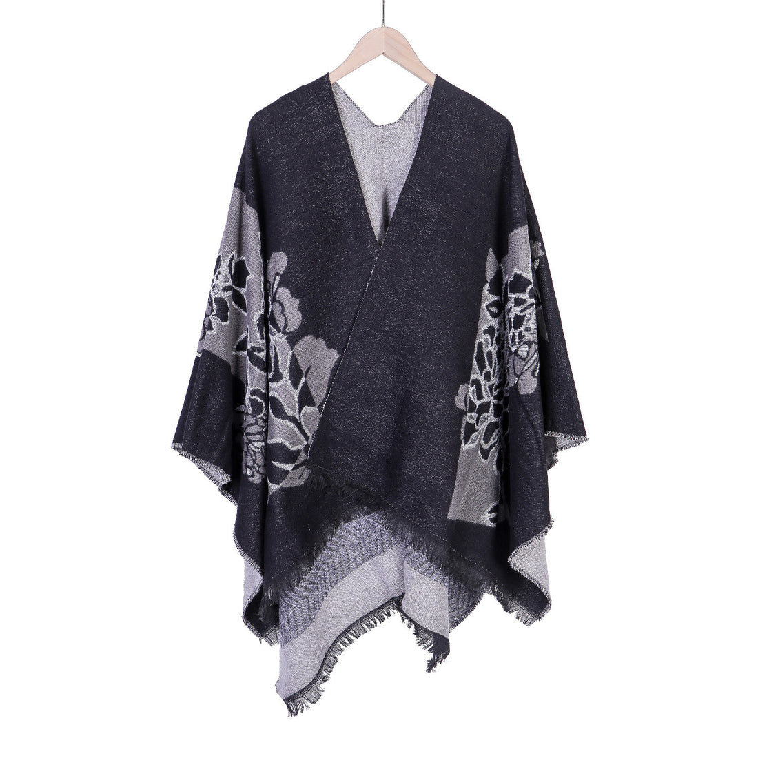 Damen Jacquard‑Ruana mit floralem Motiv, doppellagig und Fransensaum – Avérine
