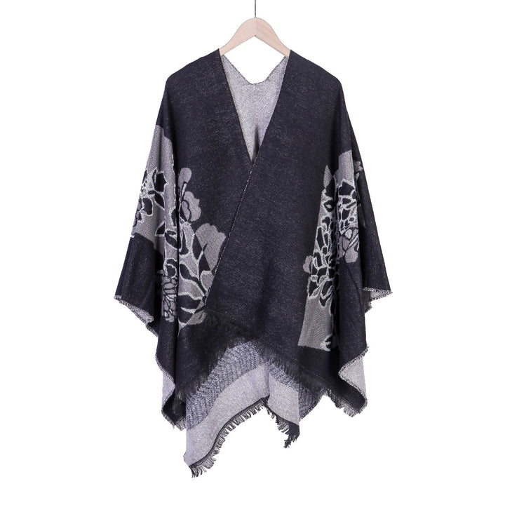 Damen Jacquard‑Ruana mit floralem Motiv, doppellagig und Fransensaum – Avérine
