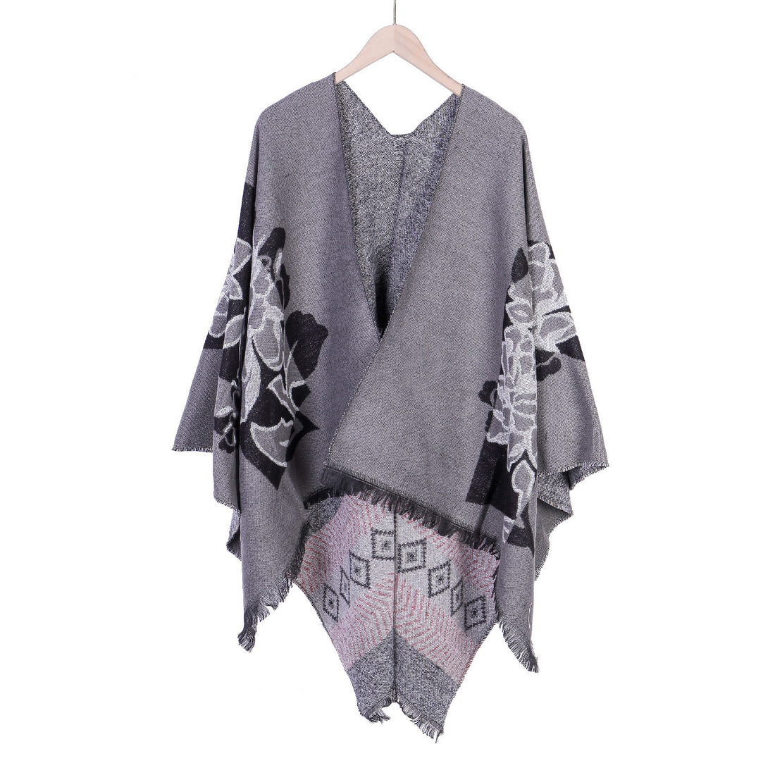 Damen Jacquard‑Ruana mit floralem Motiv, doppellagig und Fransensaum – Avérine