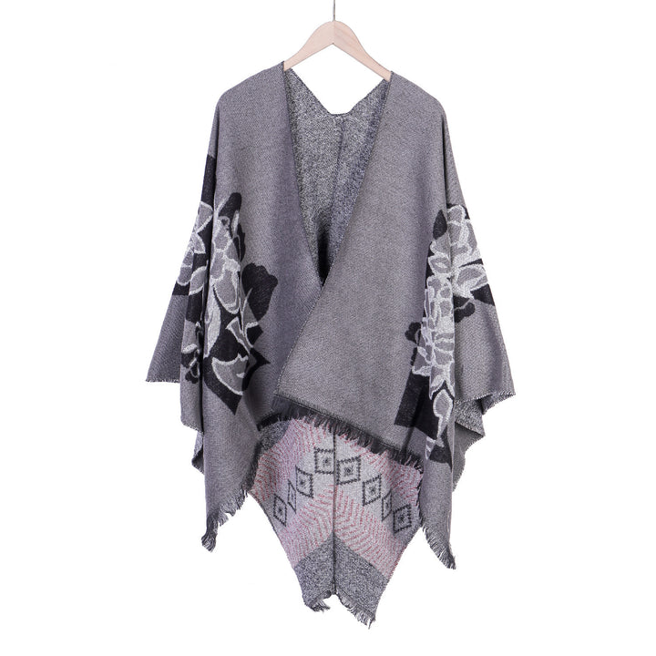 Damen Jacquard‑Ruana mit floralem Motiv, doppellagig und Fransensaum – Avérine
