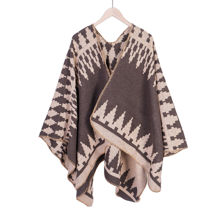 Damen Jacquard-Strickruana mit geometrischem Oversize-Fall und V-Ausschnitt Echo Archiv