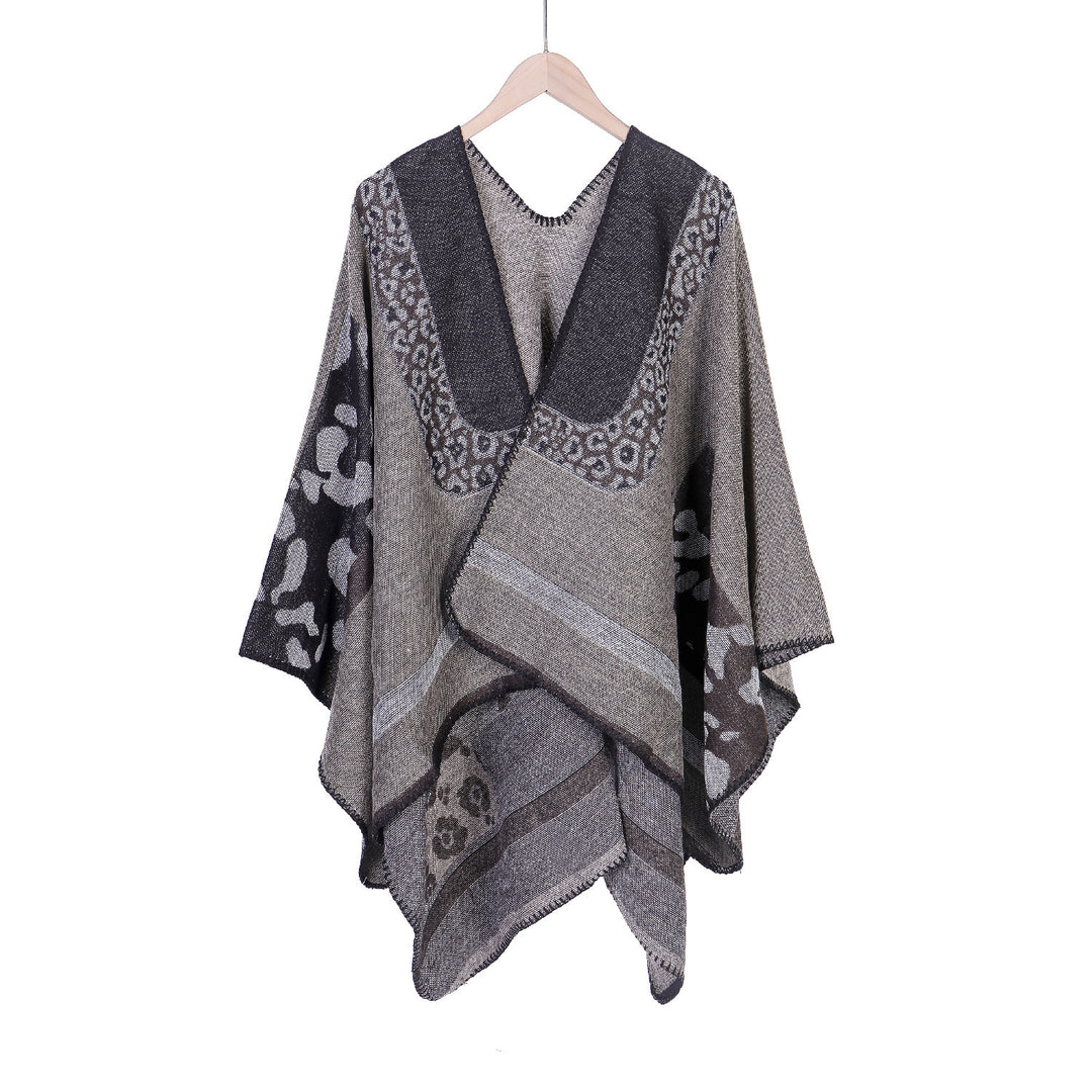 Damen Jacquard-Wollmix Ruana-Poncho mit V-Ausschnitt und Ziernaht Echo Archiv