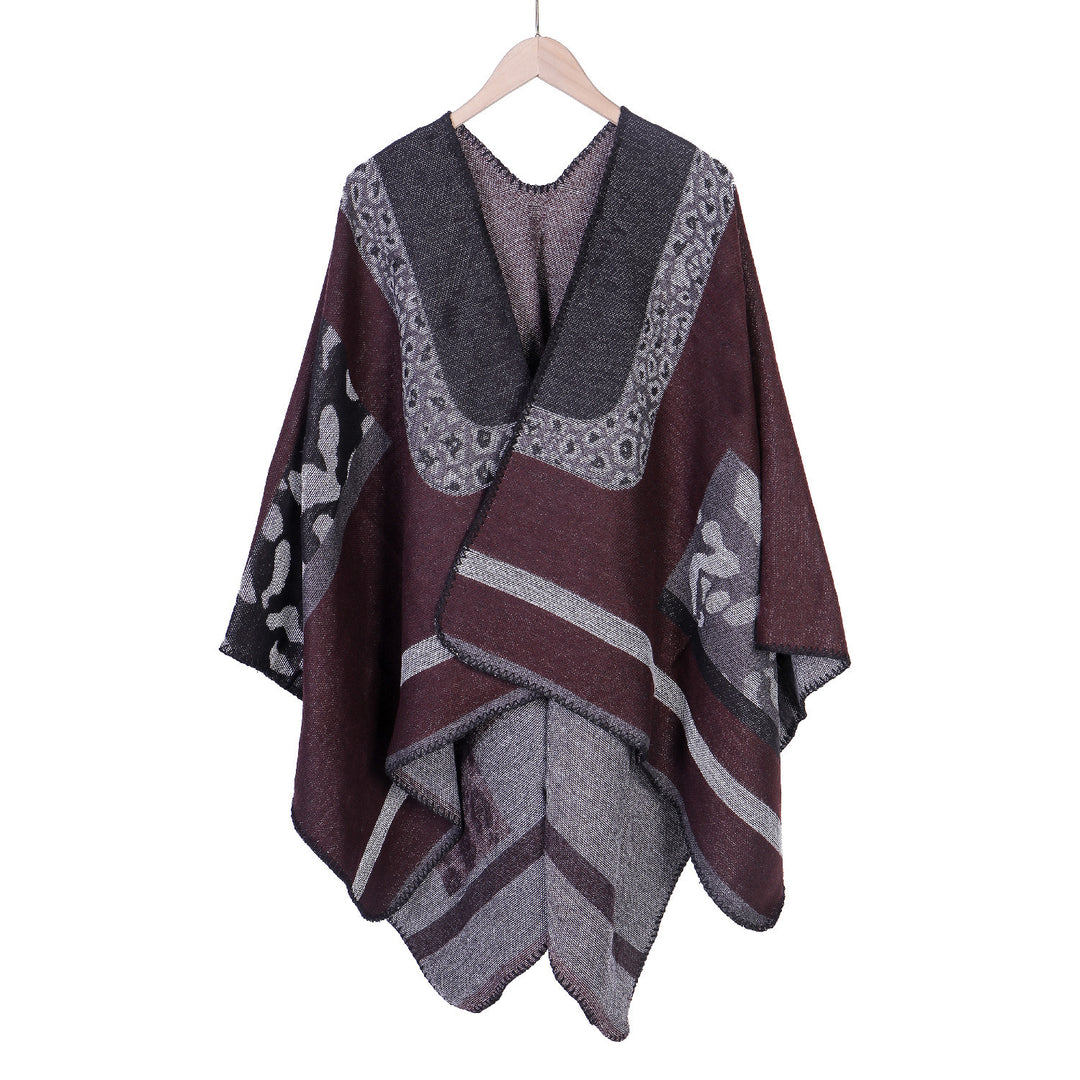 Damen Jacquard-Wollmix Ruana-Poncho mit V-Ausschnitt und Ziernaht Echo Archiv