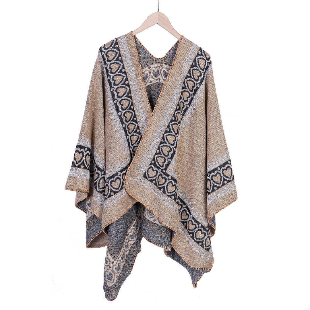 Damen Ruana im Kaschmir‑Touch mit Herz‑Jacquard und offenem V‑Fall Echo Archiv