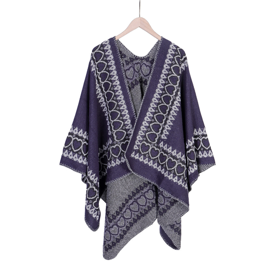 Damen Ruana im Kaschmir‑Touch mit Herz‑Jacquard und offenem V‑Fall – Veloura