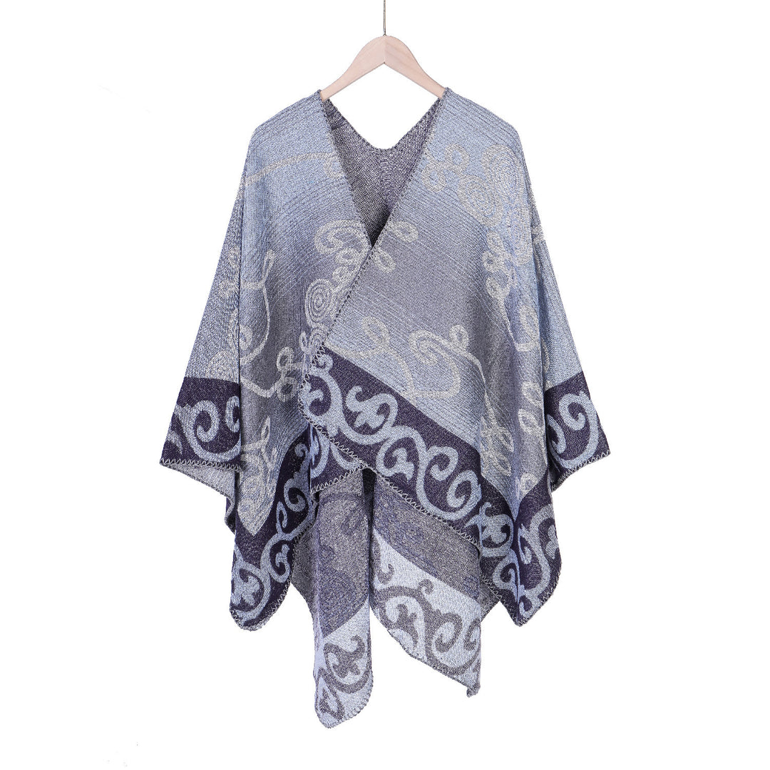 Damen Jacquard‑Ruana‑Poncho aus Wollmix mit asymmetrischem Zipfelsaum – Montévia