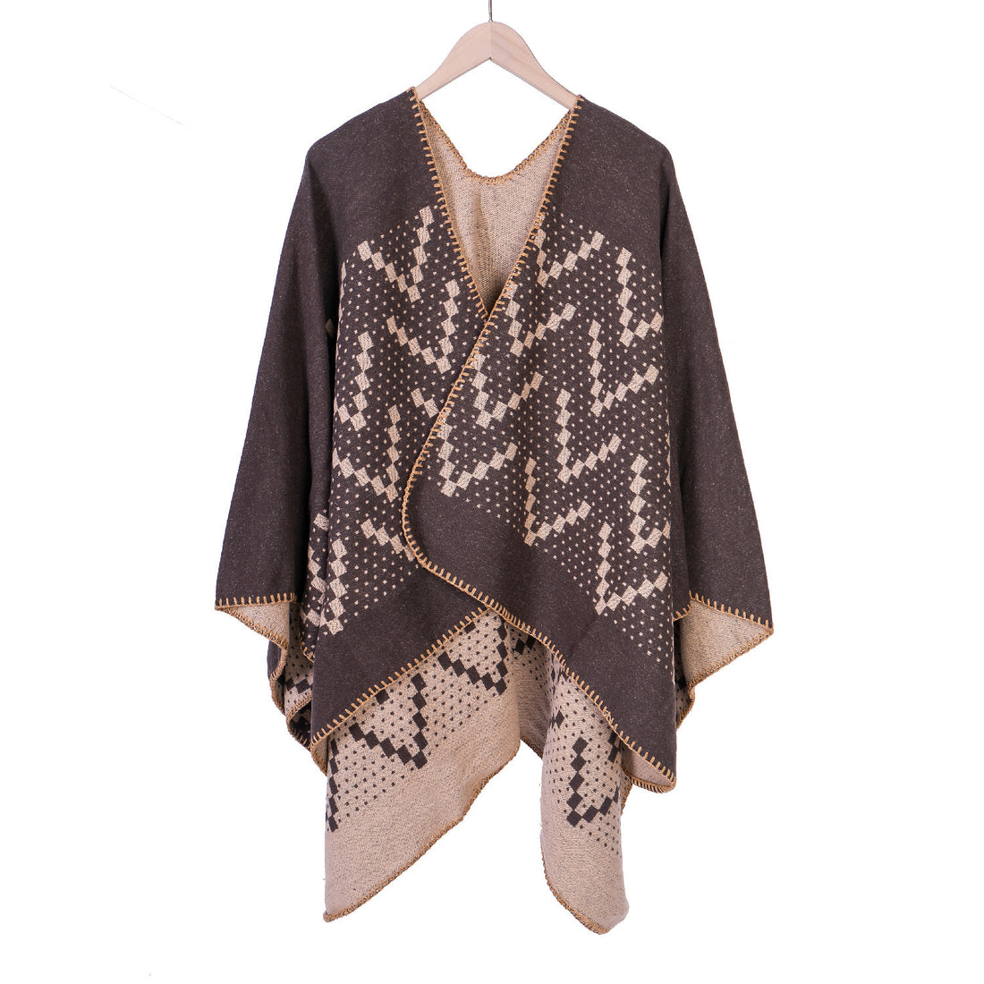 Damen Jacquard-Wickelruana mit geometrischem Muster und offener Kimono‑Silhouette – Avérine