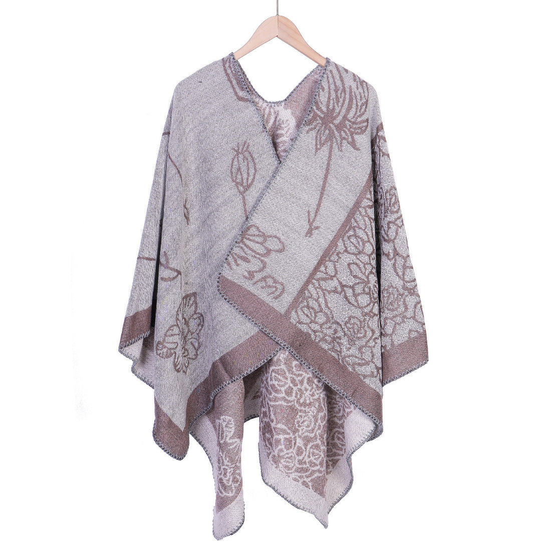 Damen Jacquard-Ruana-Poncho mit V-Ausschnitt und großen floralen & ethnischen Motiven – Montévia