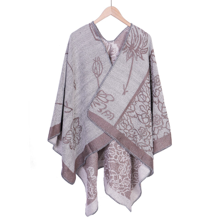 Damen Jacquard-Ruana-Poncho mit V-Ausschnitt und großen floralen & ethnischen Motiven – Montévia