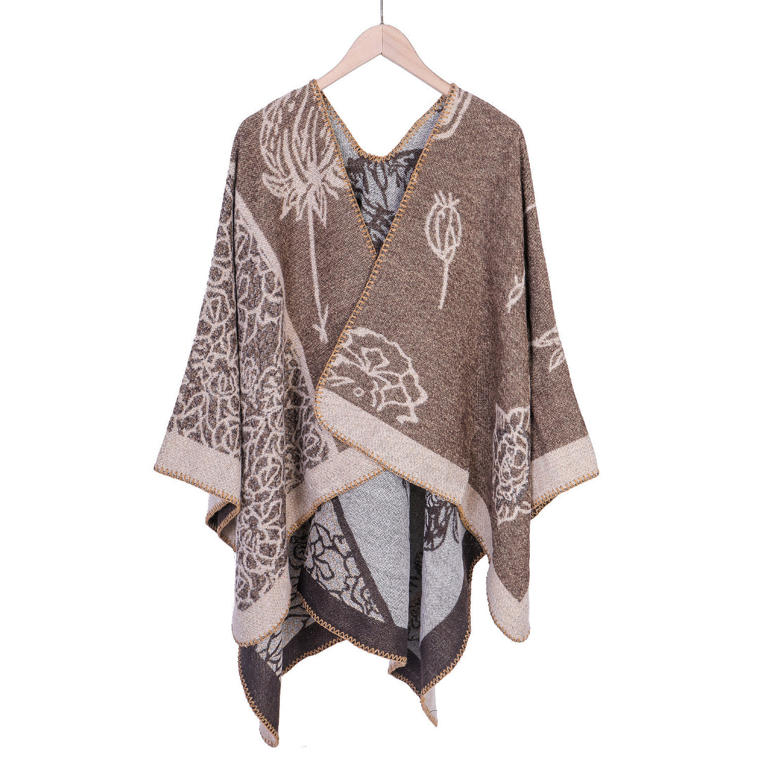 Damen Jacquard-Ruana-Poncho mit V-Ausschnitt und großen floralen & ethnischen Motiven – Montévia