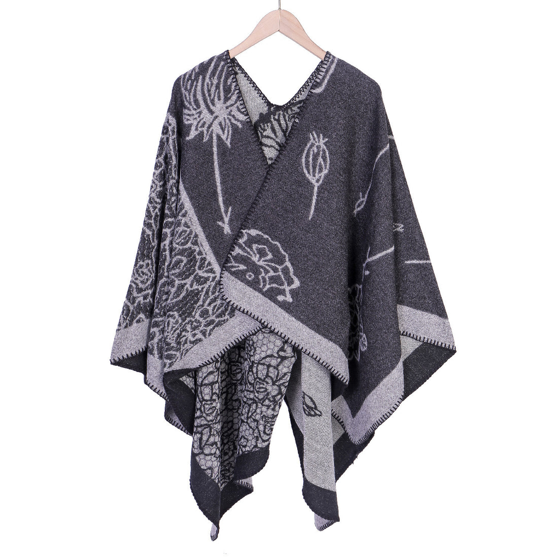 Damen Jacquard-Ruana-Poncho mit V-Ausschnitt und großen floralen & ethnischen Motiven – Montévia