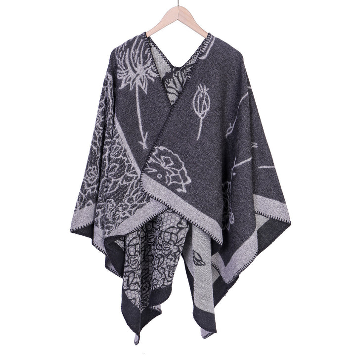Damen Jacquard-Ruana-Poncho mit V-Ausschnitt und großen floralen & ethnischen Motiven – Montévia