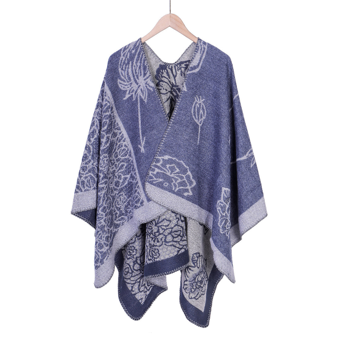 Damen Jacquard-Ruana-Poncho mit V-Ausschnitt und großen floralen & ethnischen Motiven – Montévia
