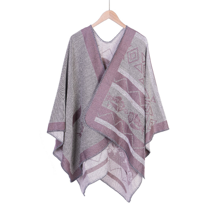 Damen Leichter Ruana-Überwurf mit geometrischem Jacquard und Zipfelsaum – Avérine