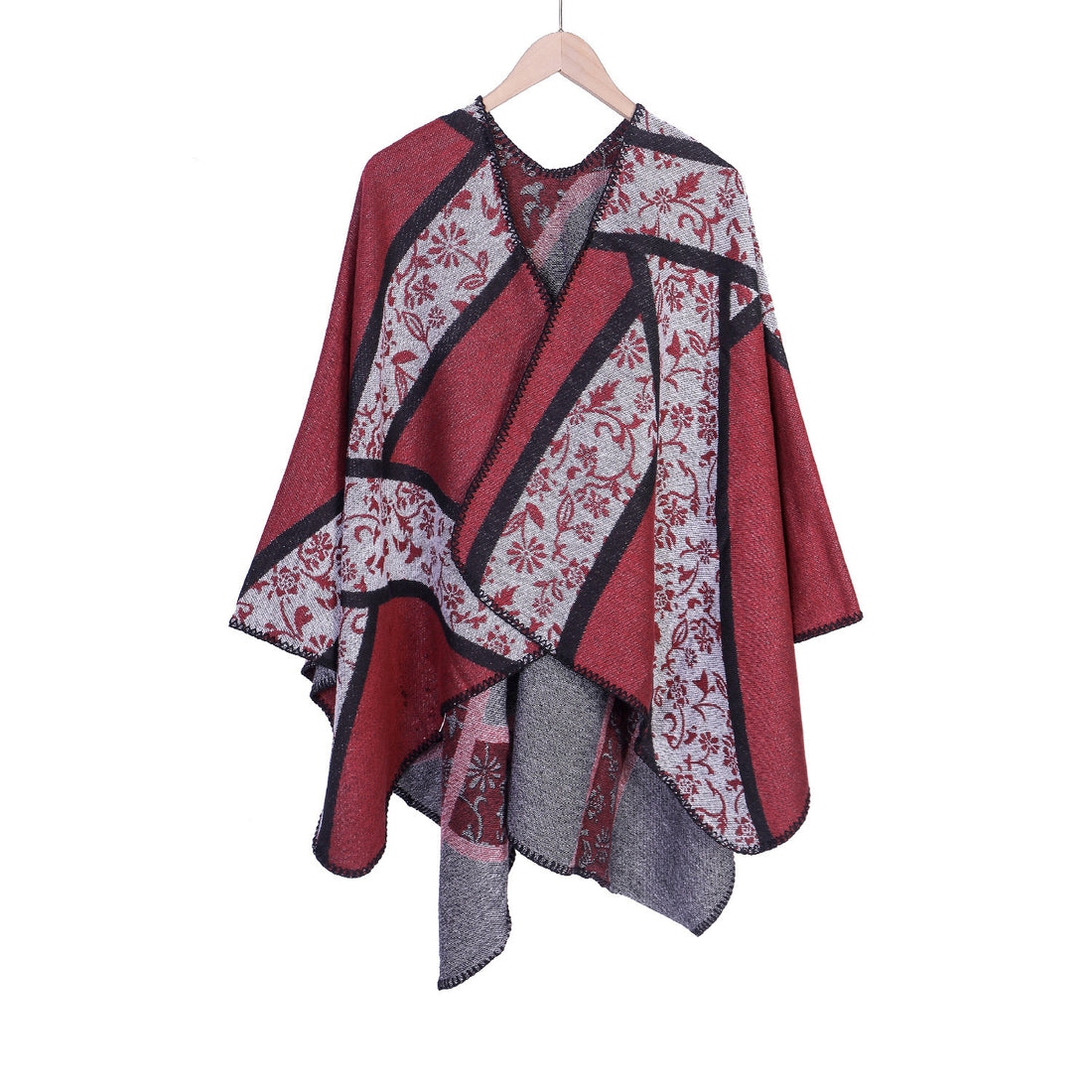 Damen Jacquard-Umhangponcho mit floraler Intarsie und offener Ruana-Silhouette – Montévia