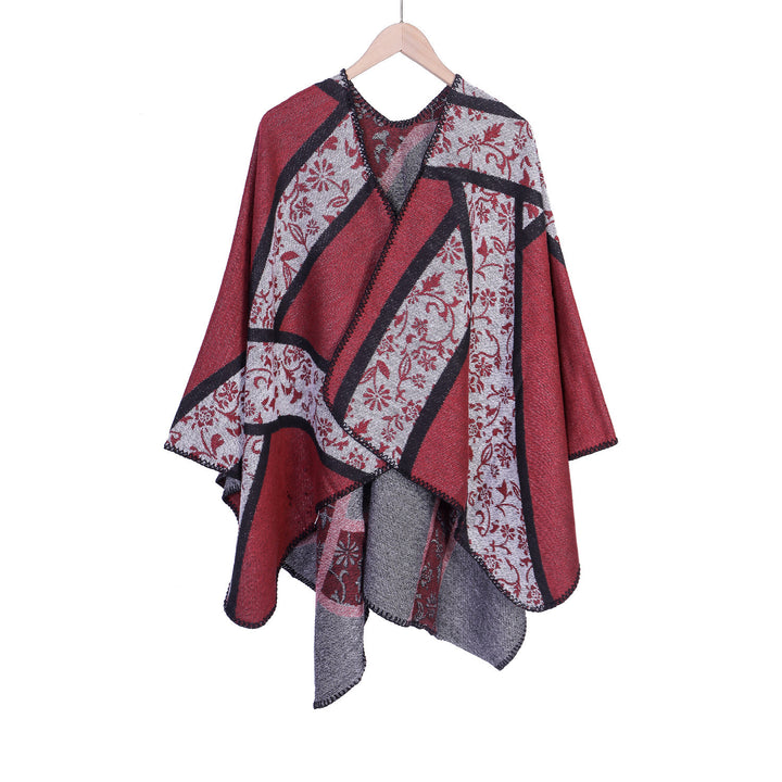 Damen Jacquard-Umhangponcho mit floraler Intarsie und offener Ruana-Silhouette – Montévia