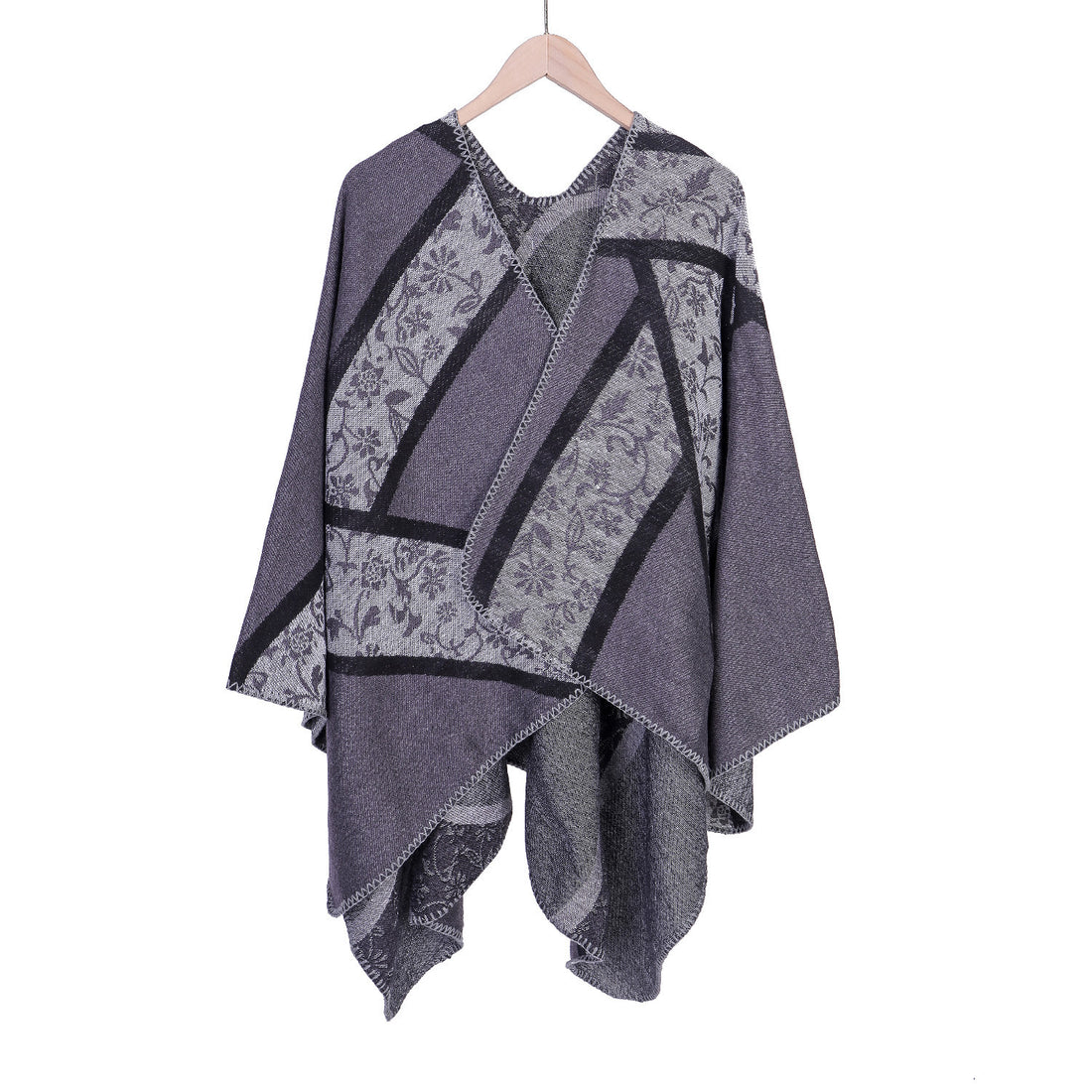 Damen Jacquard-Umhangponcho mit floraler Intarsie und offener Ruana-Silhouette – Montévia