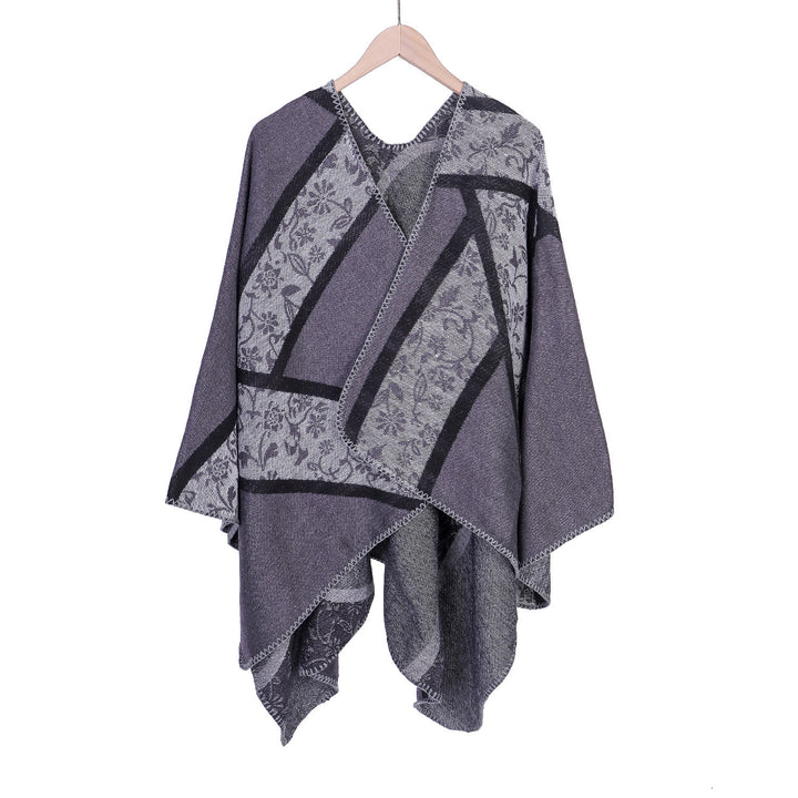 Damen Jacquard-Umhangponcho mit floraler Intarsie und offener Ruana-Silhouette – Montévia