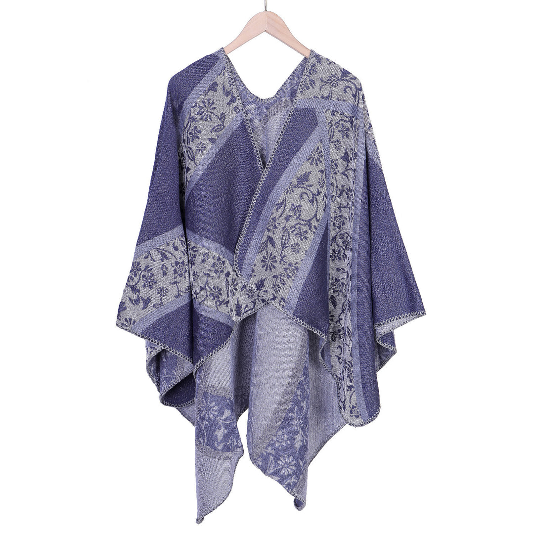 Damen Jacquard-Umhangponcho mit floraler Intarsie und offener Ruana-Silhouette – Montévia