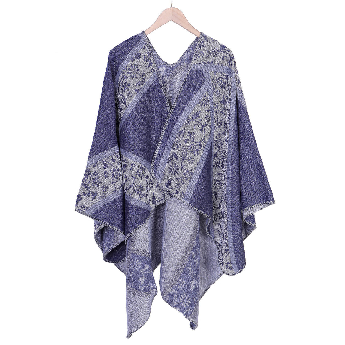 Damen Jacquard-Umhangponcho mit floraler Intarsie und offener Ruana-Silhouette – Montévia