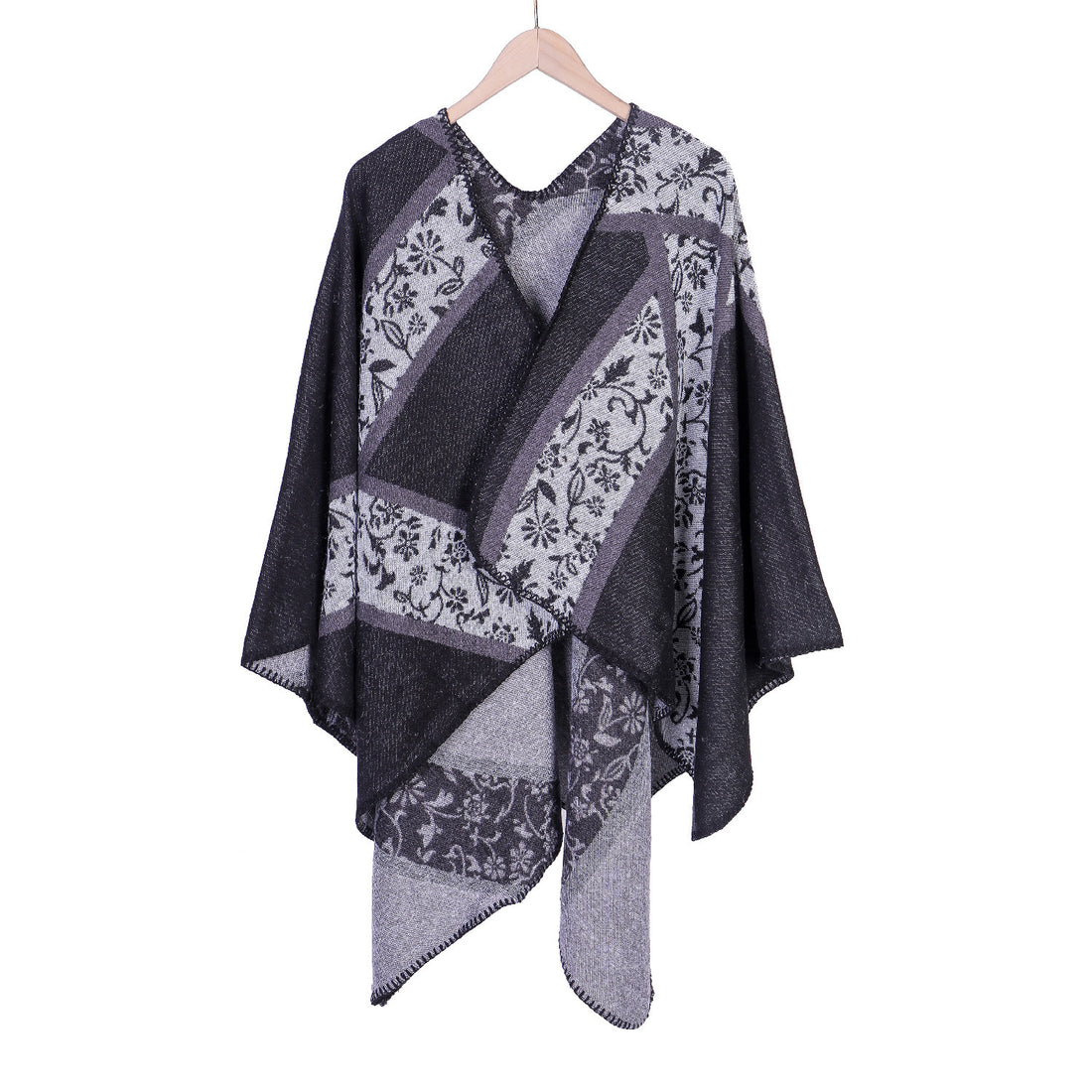 Damen Jacquard-Umhangponcho mit floraler Intarsie und offener Ruana-Silhouette – Montévia