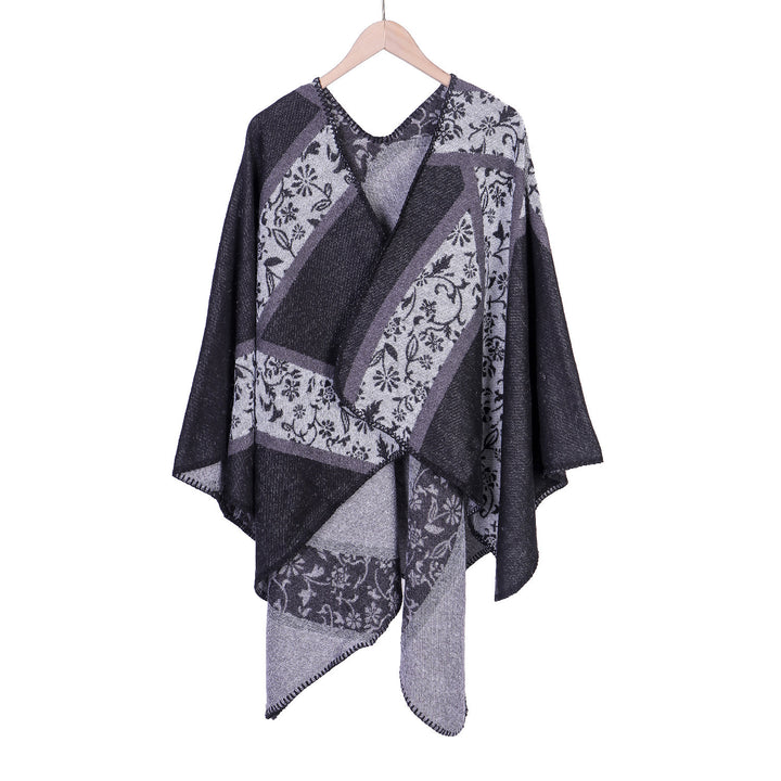 Damen Jacquard-Umhangponcho mit floraler Intarsie und offener Ruana-Silhouette – Montévia