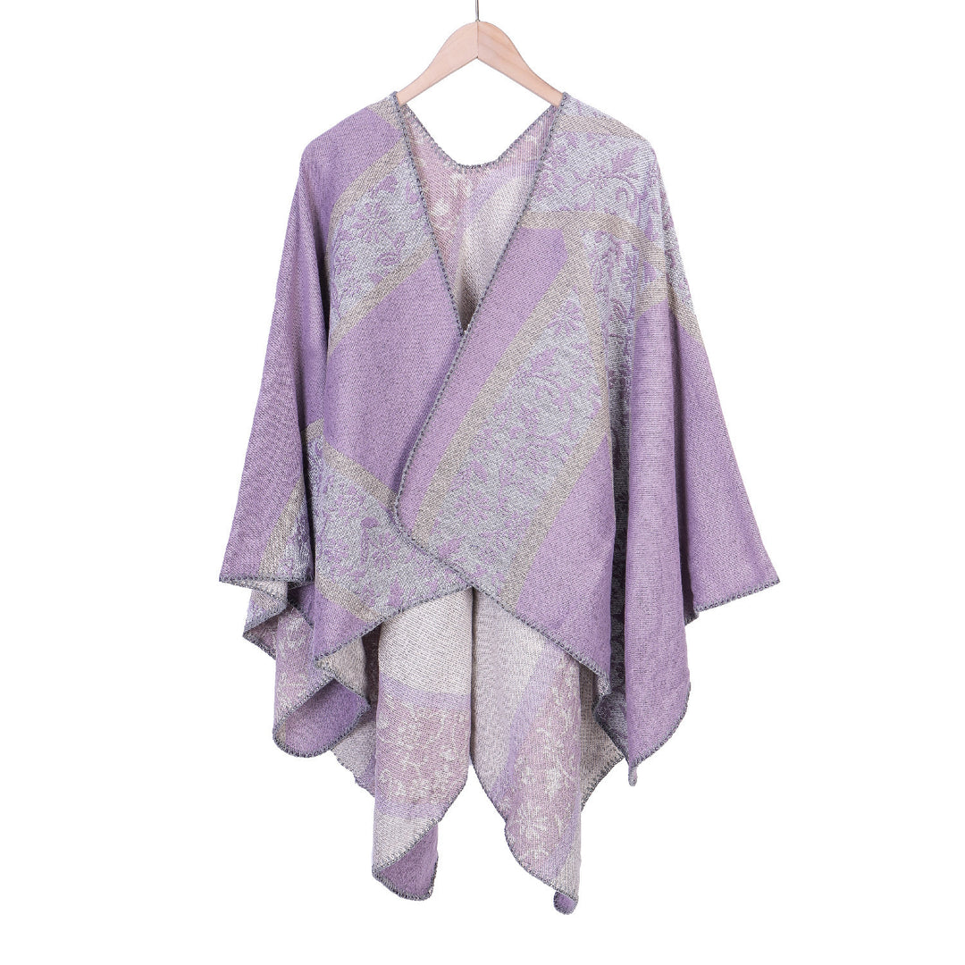 Damen Jacquard-Umhangponcho mit floraler Intarsie und offener Ruana-Silhouette – Montévia