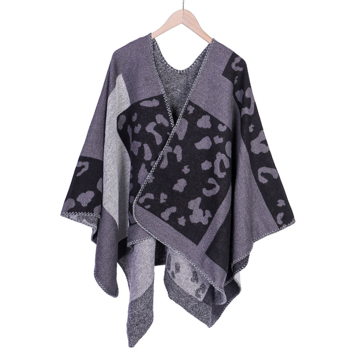 Damen Oversize-Ruana-Poncho aus Wollmix mit Jacquard-Leopardenmuster und offener Vorderseite – Célinea