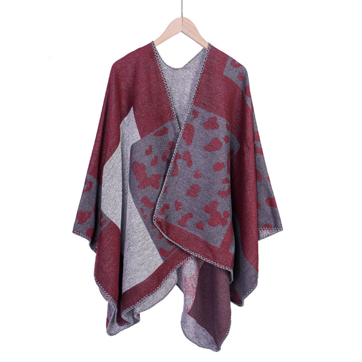Damen Oversize-Ruana-Poncho aus Wollmix mit Jacquard-Leopardenmuster und offener Vorderseite – Célinea