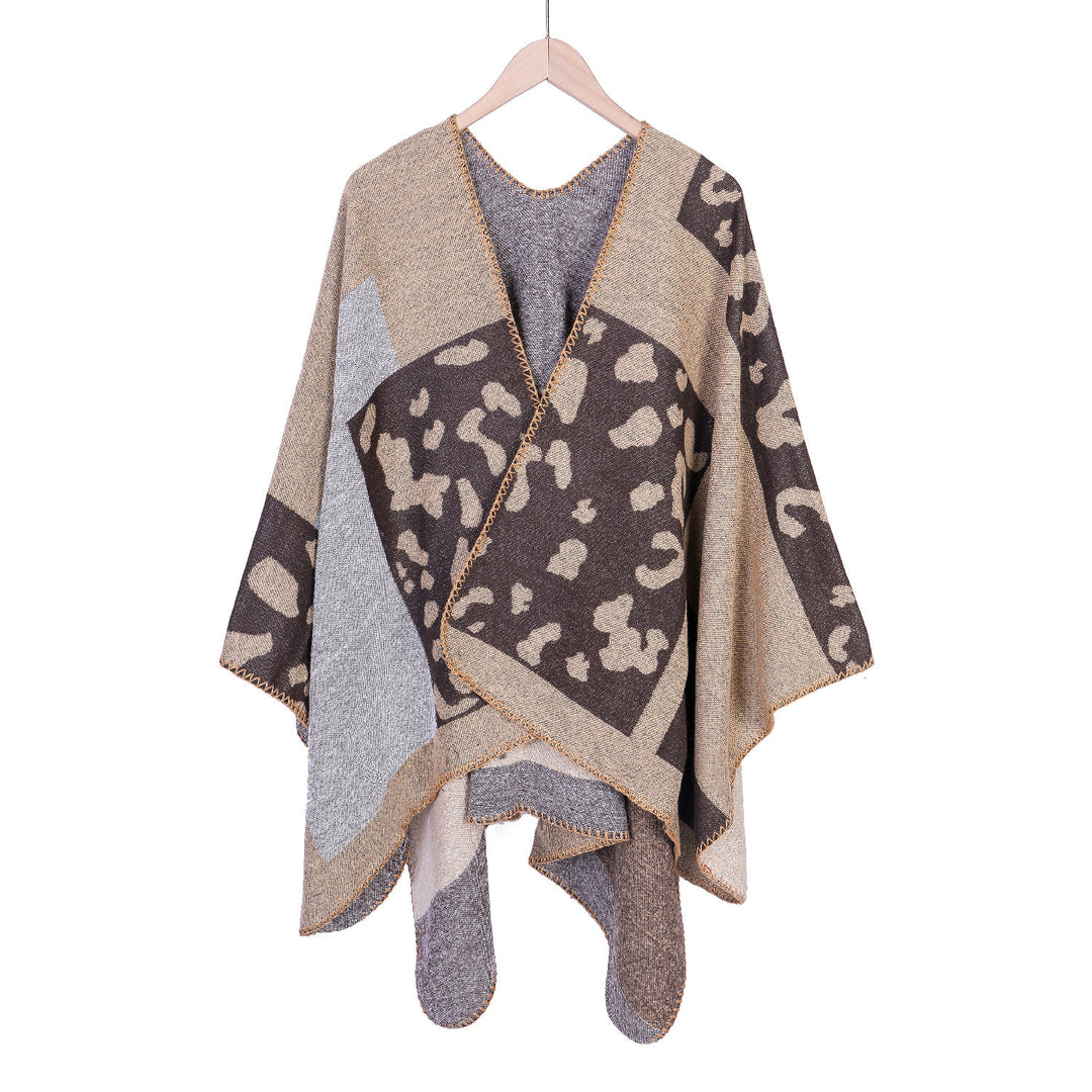 Damen Oversize-Ruana-Poncho aus Wollmix mit Jacquard-Leopardenmuster und offener Vorderseite – Célinea