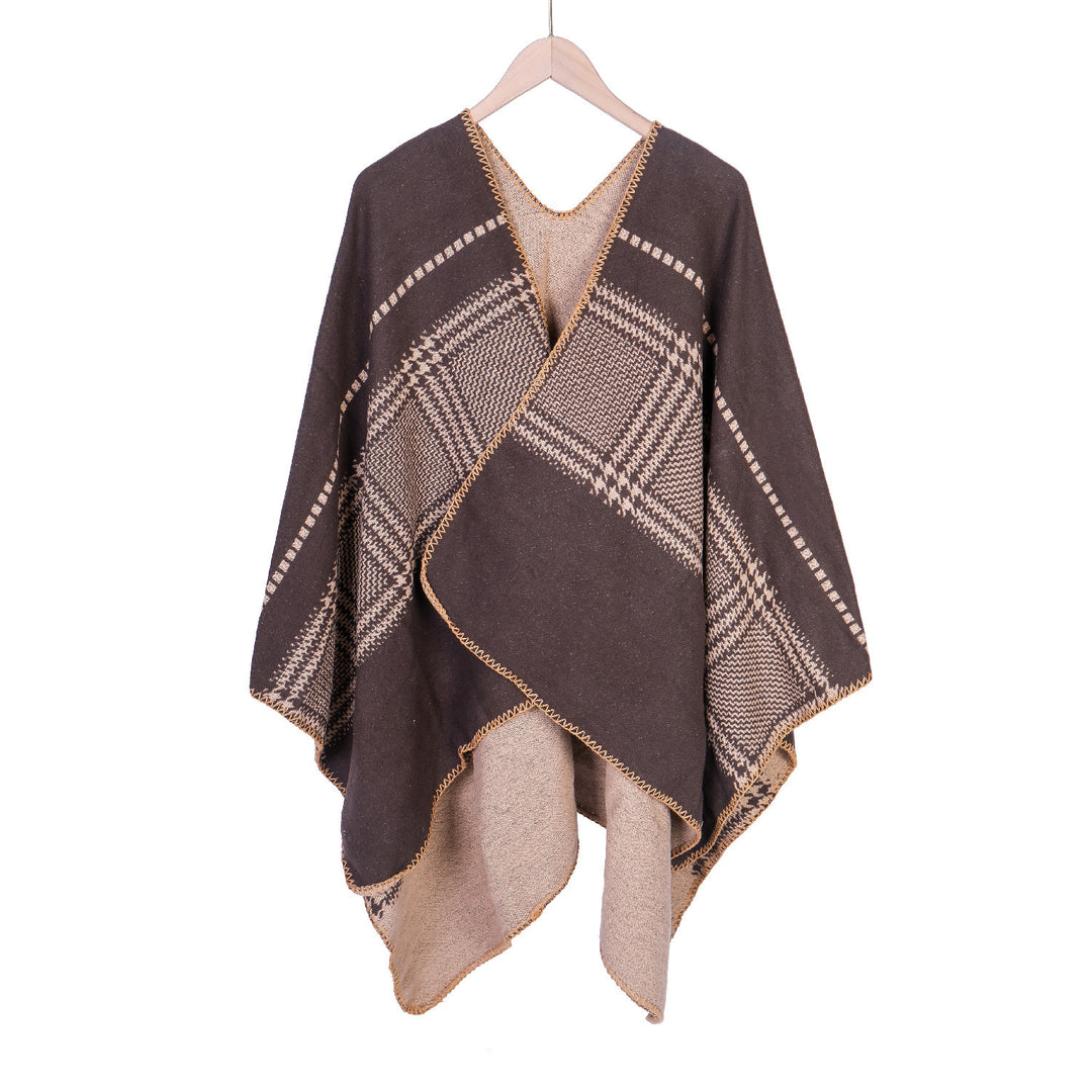Damen Jacquard-Wollmix-Ruana mit offenem Kimono-Fall und dekorativer Kettelnaht – Montévia