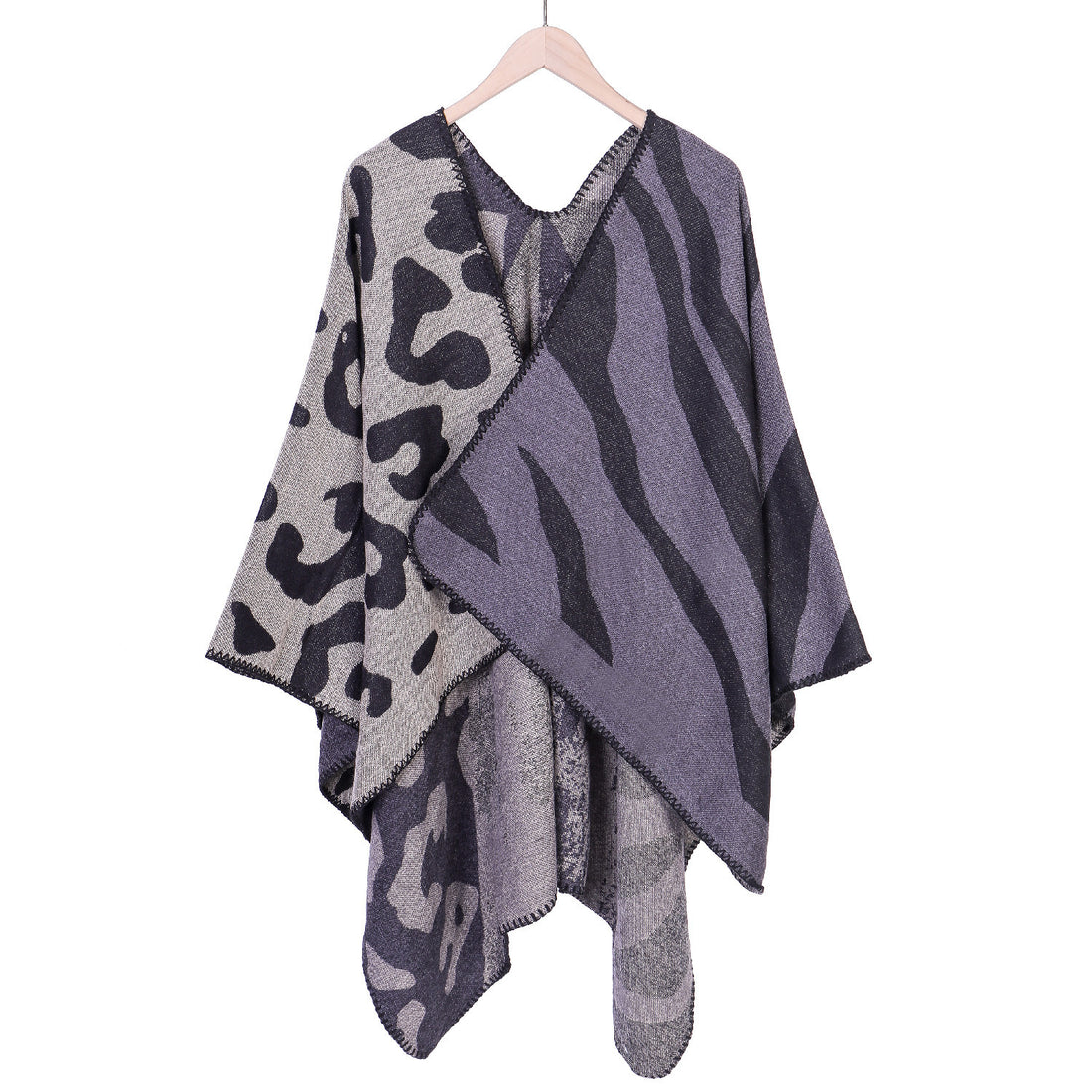 Damen Oversize‑Poncho im Revers‑Stil mit Animal‑Jacquard aus Wollmix – Célinea