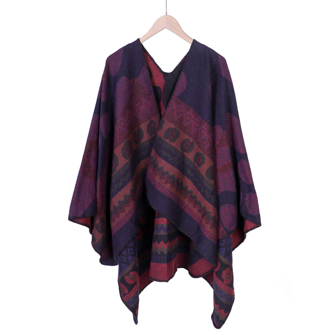 Damen Jacquard-Ruana‑Poncho mit Ethno‑Jacquard und offenem Oversize‑Fall Echo Archiv