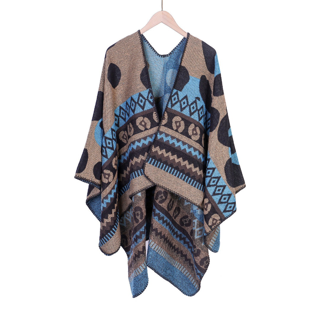Damen Jacquard-Ruana‑Poncho mit Ethno‑Jacquard und offenem Oversize‑Fall Echo Archiv