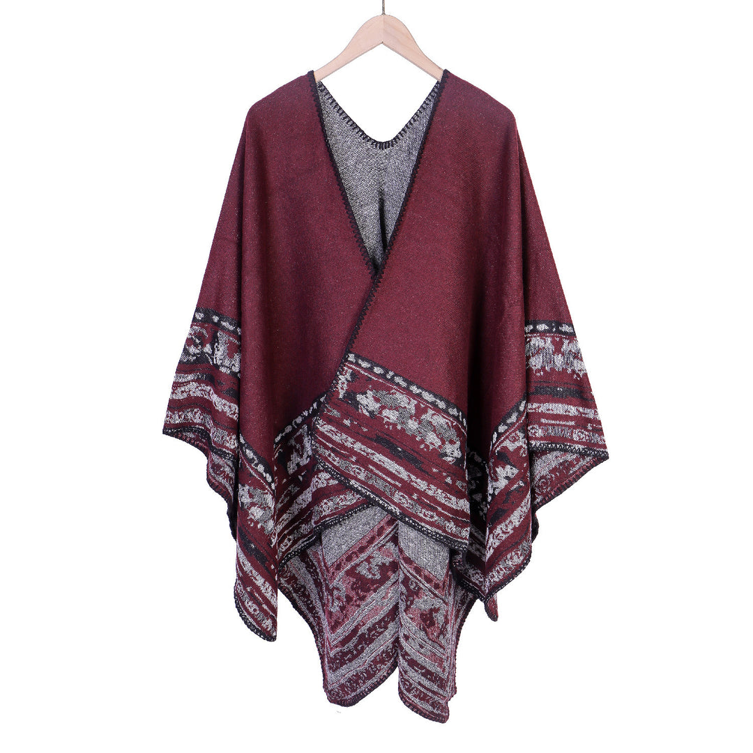 Damen Weichfallende Oversize-Ruana im Umhangstil mit ornamentaler Bordüre Echo Archiv