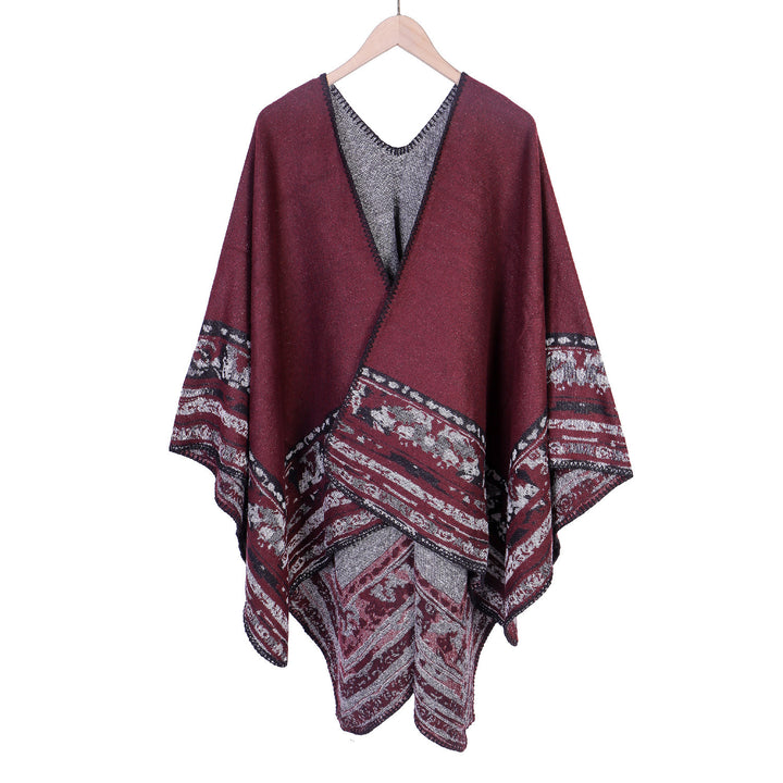 Damen Weichfallende Oversize-Ruana im Umhangstil mit ornamentaler Bordüre Echo Archiv