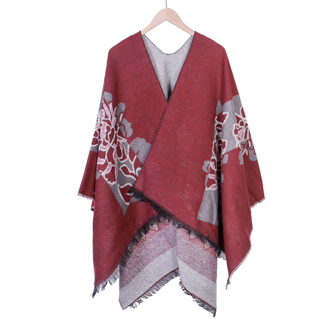 Damen Jacquard‑Ruana mit floralem Motiv, doppellagig und Fransensaum – Avérine